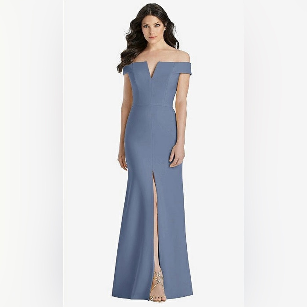 OFF-THE-SHOULDER NOTCH TRUMPET GOWN WITH FRONT SLIT IN LARKSPUR